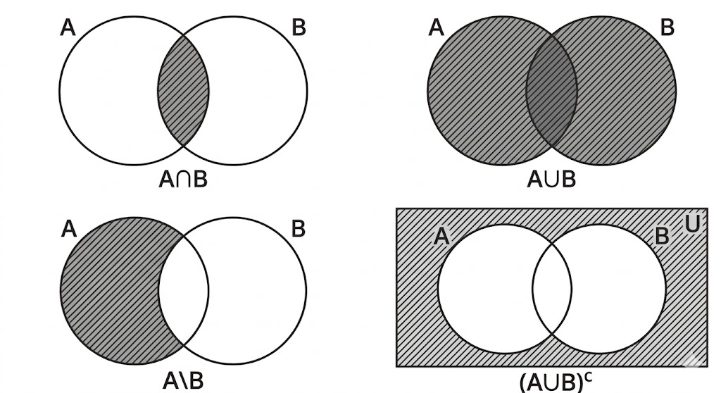 Venn Diagrams illustrating set operations: union, intersection, difference, complement, and symmetric difference